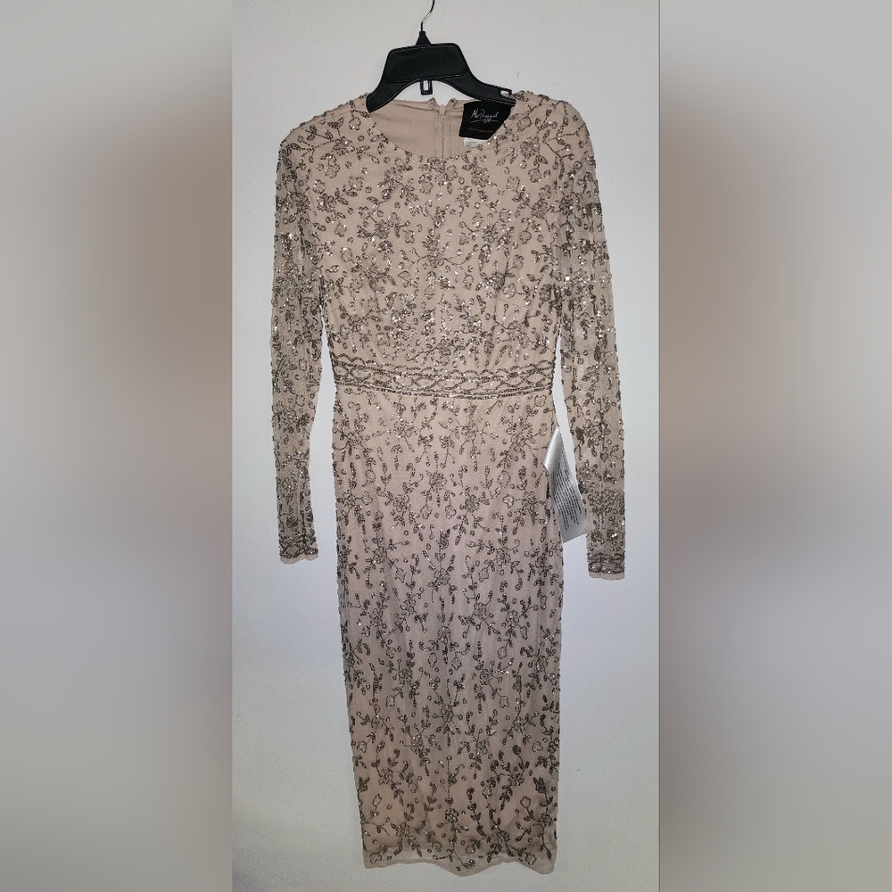 Mac Duggal Beige Beaded Tea Length Dress w/ Sheer Sleeves - Picture 4 of 6